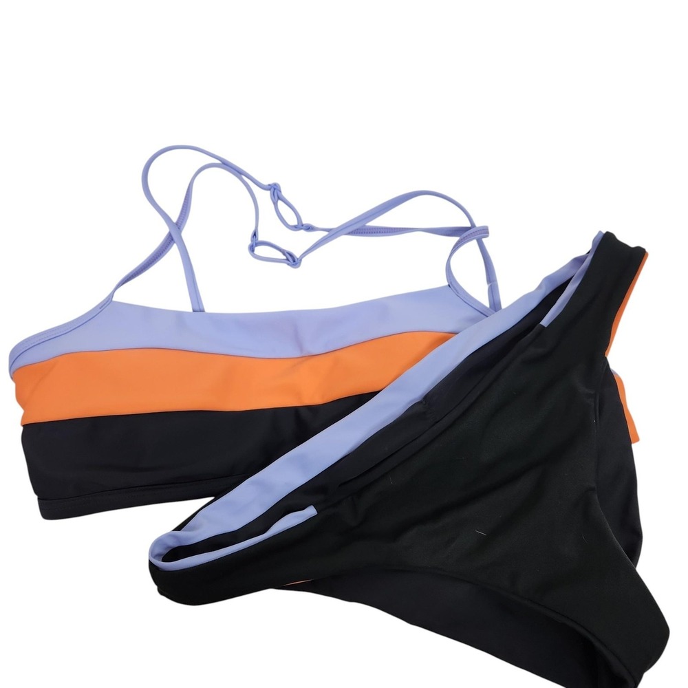 PrAna Lurisa Bikini Set Womens Large Black Colorblock Top Bottom UPF 50+